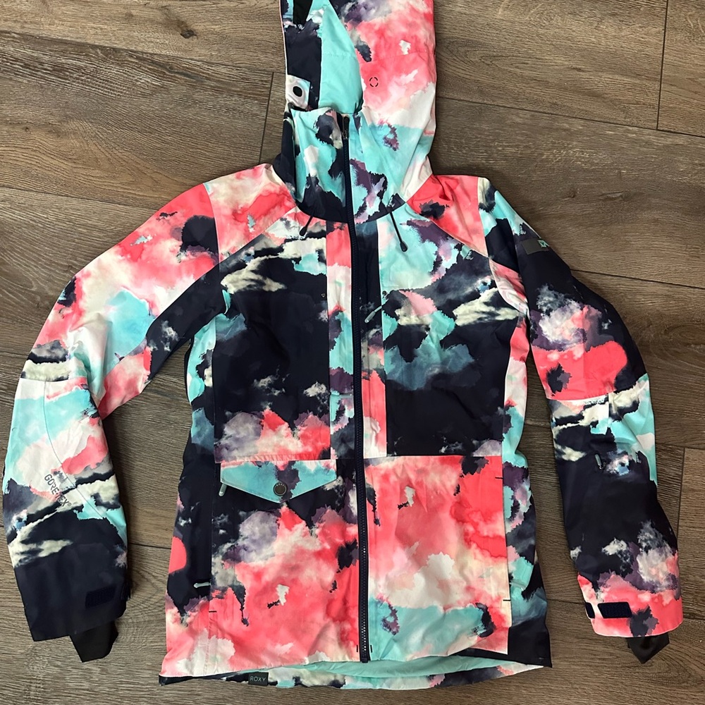 Roxy Vibrant Coral Winter Coat with Floral Pattern and Hood